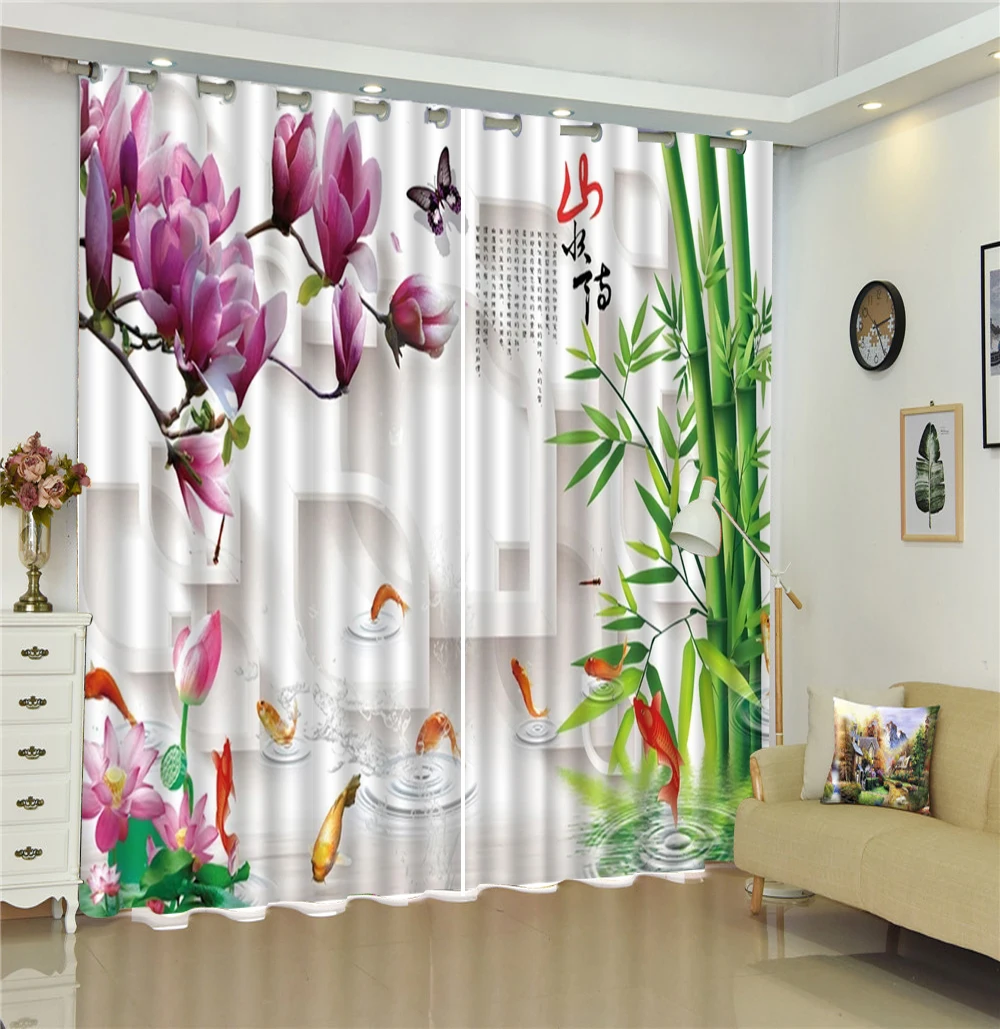

Delicate Lotus, Bamboo, Auspicious Goldfish 3D Landscape Curtain Custom Beautiful Atmosphere Blackout Curtains