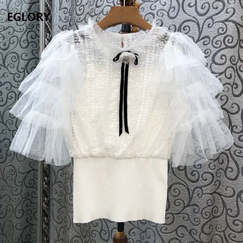

High Quality New 2019 Autumn Fashion Sweaters and Pullovers Women Sexy Tulle Mesh Patchwork Knitted Jumpers White Pink Tops