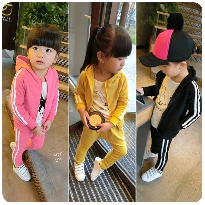 

2017 autumn girl and boy hooded top+pant kids fashion and cute suit 2pcs per set three colors