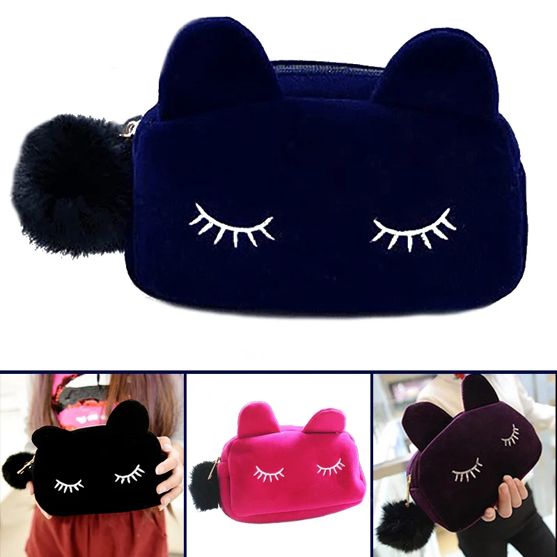 

Kawaii Cute Cartoon Cat Velvet Solid Color Makeup Bags Cat Design Cosmetic Make Up Organizer Bag Women Bag Cosmetics Necessaries