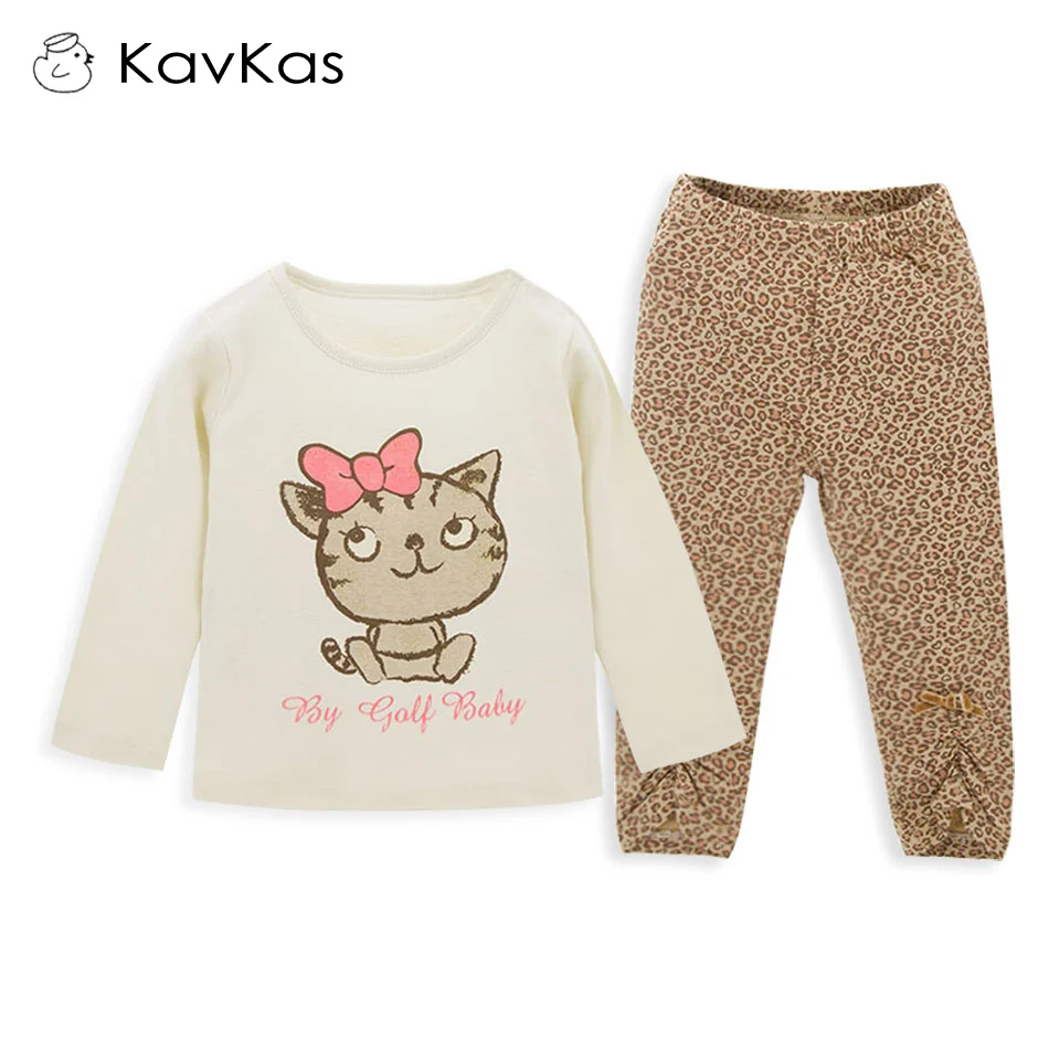 

Fashion Active Leopard Tshirts Pants Sets Lines With Little Cat Printing Tshirt Two Piece Child Girl Wear Casual Kids Girl Set