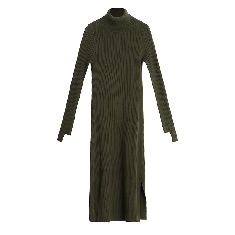 

VERRAGEE women Cotton 2019 new retro autumn winter basic solid color green turtle neck vintage knitted long bodycon sweater