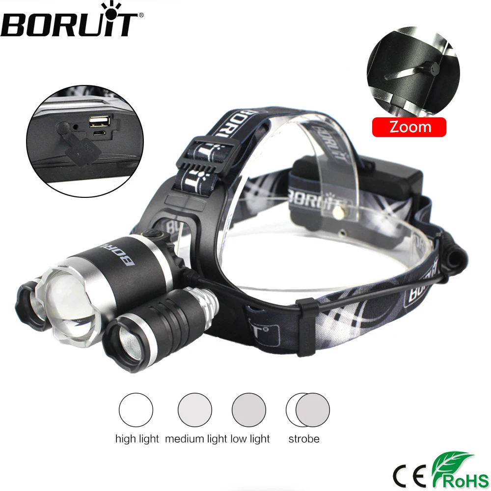 

BORUiT XM-L2 LED Headlamp 4-Mode Zoomable Headlight Power Bank Head Torch Memory Function Flashlight by 18650 Battery