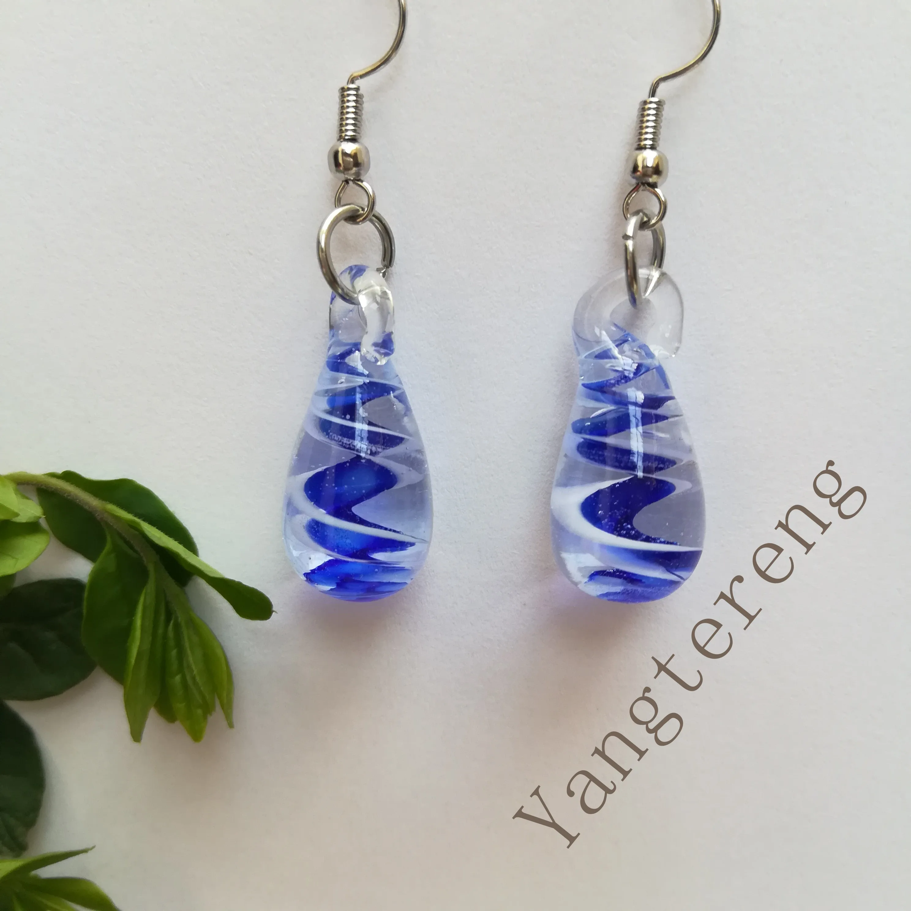 

Murano inspired spiral flower glass drop earrings blue
