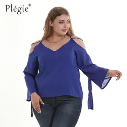 Plegie плюс Размеры свободные с открытыми плечами Дамы топы сплошной Королевский синий 2019 летние женские топы и блузки шифоновая блузка с