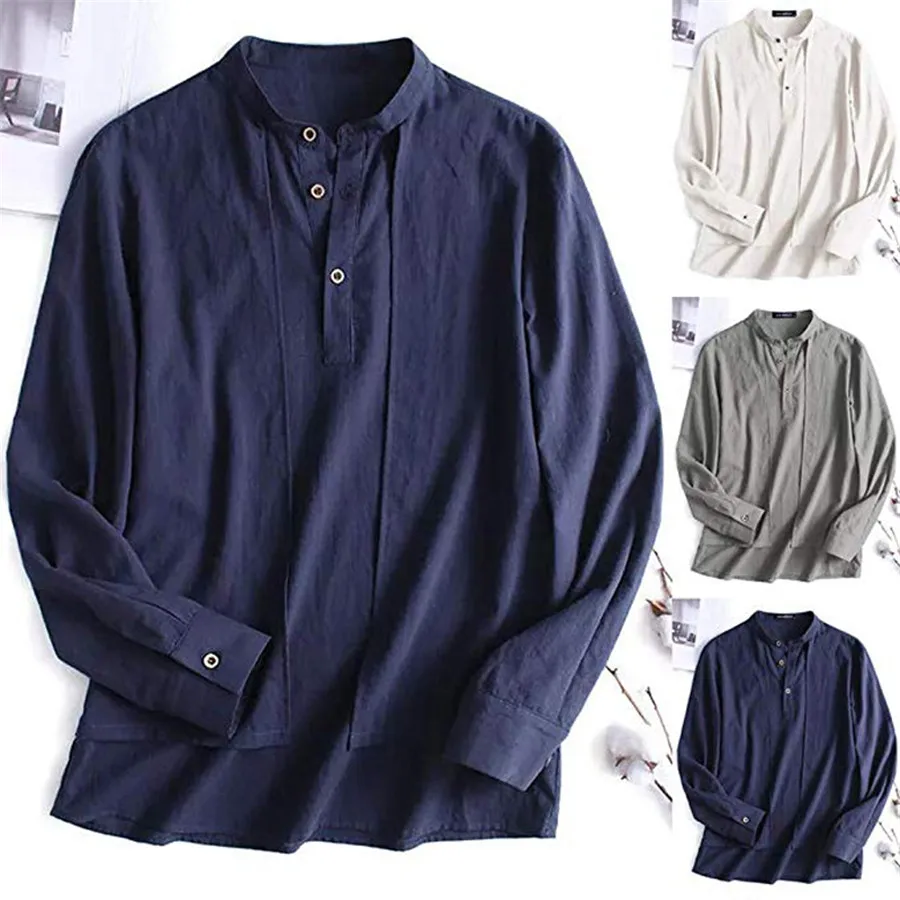 

2019 Spring Summer Long Sleeve Shirt Men Solid Casual Luxury Slim Fit Shirts Standing Collar Cotton Linen Men's Shirt 3XL