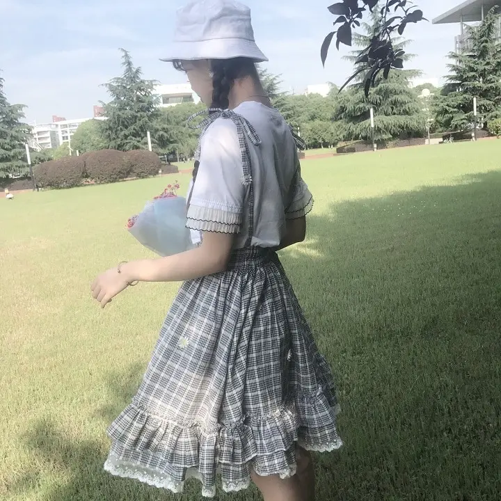 Японские мягкие юбки для сестер Kawaii, женская летняя юбка на подтяжках в стиле Лолиты с высокой талией, милая клетчатая кружевная юбка-пачка трапециевидной формы с оборками