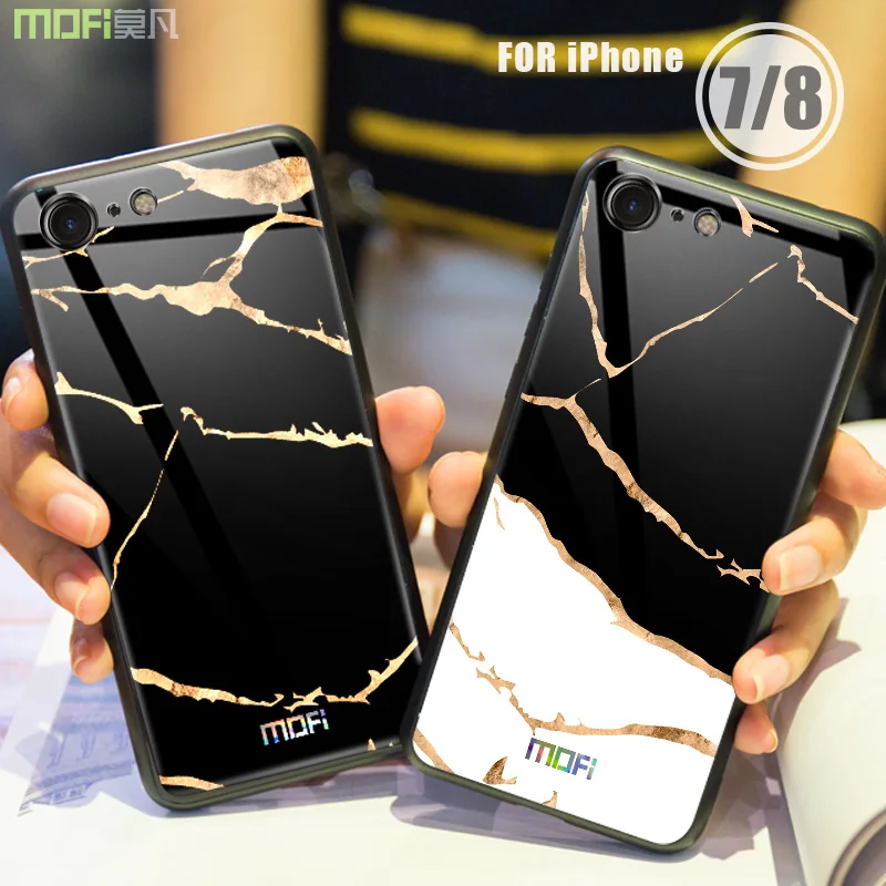 Goedkoop Voor iPhone 8 Plus case cover MOFI voor iPhone 7 8 Plus marmer gehard glas volledige Cover Case voor iPhone 7 8 marmer glas Back Case