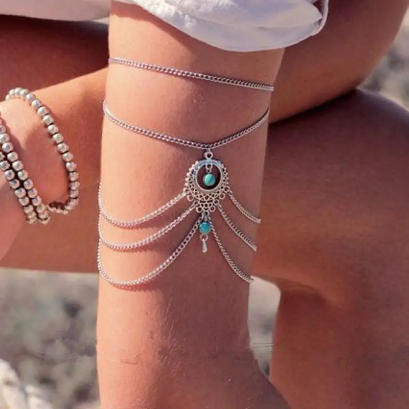 Women Fashion Charming Boho Lady Stylish Bead Tassel Chain Upper Arm Cuff Armlet Armband Bangle Bracelet Summer Beach Jewelry