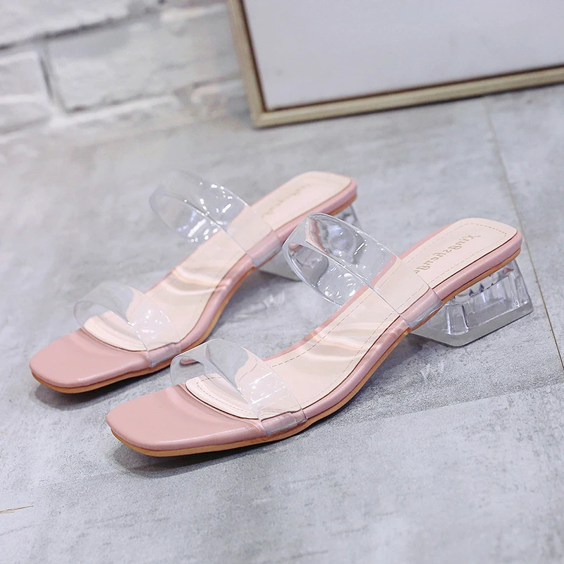 

2019 New PVC Jelly Slippers Sandals Open Toe Square Heel Women Transparent Perspex Slippers Shoes Heel Clear Silver Women Shoes