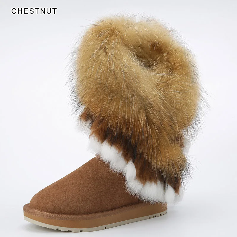INOE/женские зимние ботинки из коровьей замши с лисьим мехом; зимняя обувь с кисточками на кроличьем меху обувь на плоской подошве черного, коричневого, серого цвета; Размеры 35-44 - Цвет: chestnut
