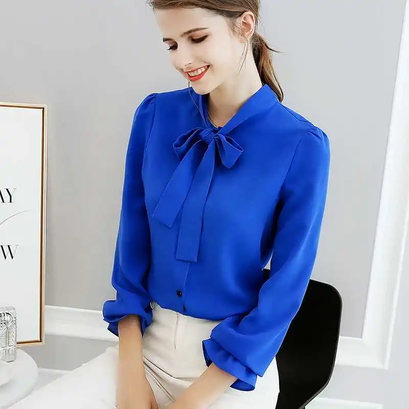 

Women Fashion Ruffles Bow Tie Blue Chiffon Shirt OL Lady Femme Sweet Full Sleeve Solid Color Plus Size Top Blouse Blusa