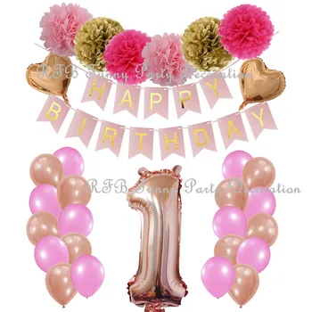 

First Birthday Decorations for Girl Boy Party Supplies Rose Gold Giant Number One Balloon Paper PomPoms Baby Kid Birthday Favor