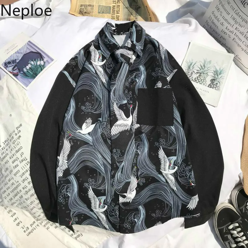 

Neploe Japanese Long Sleeve Shirts Loose Korean Retro Crane Printed Blouse 2019 Harajuku Contrast Color Women Men Blusas 53277