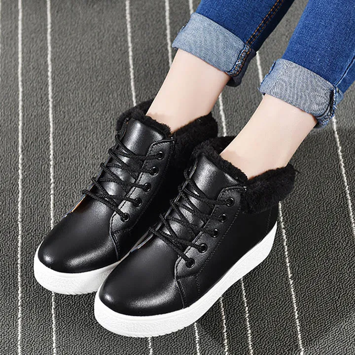 Fashion Short Snow Boots Girls With 3cm Platform Black Brown Warm Fur Winter Ankle Boots For Women Lace Up Med Heels Shoes Woman (12)