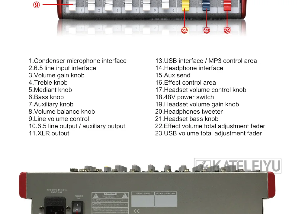 KATELEIYU W6000T6 6-канальный высокое качество Лидер продаж USB Профессиональный диджейский аудио-микшер