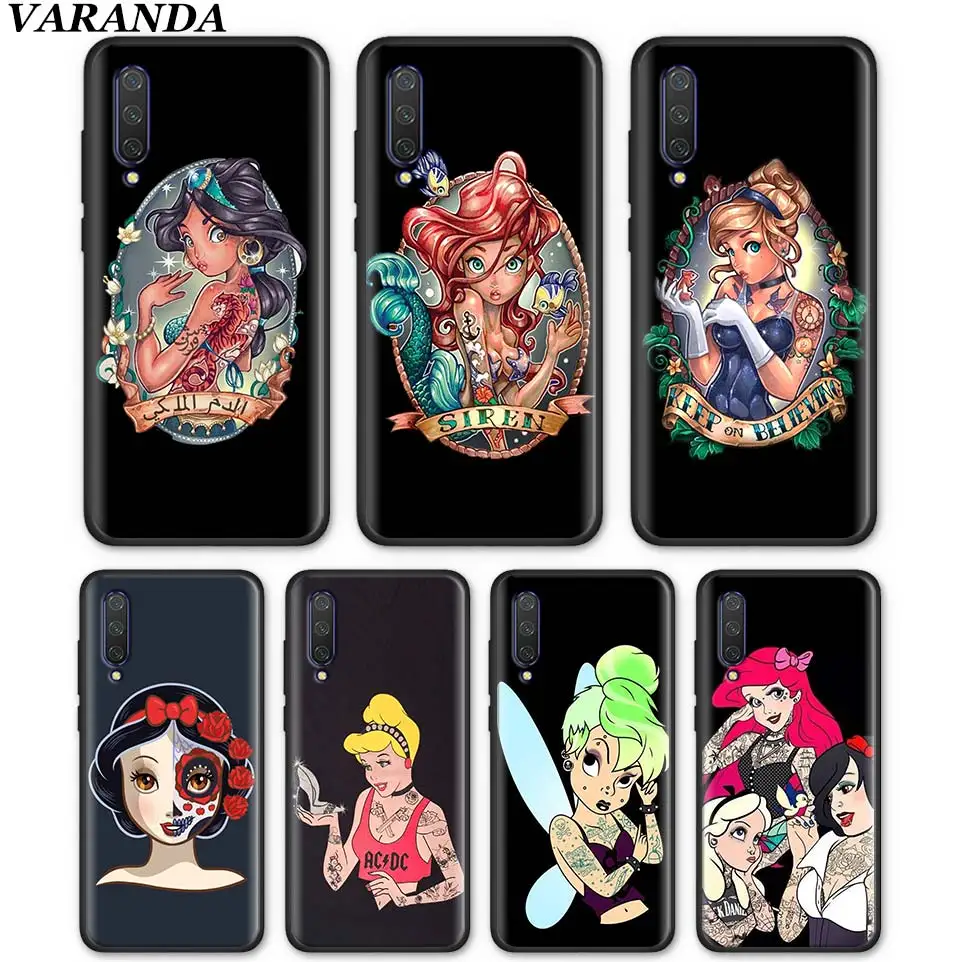 

Tattoo Alice Ariel Jasmine Silicone Case for Xiaomi Mi A1 A2 Lite 5X 6X 9T CC9 CC9E Poco F1 Black Soft TPU Cases Coque