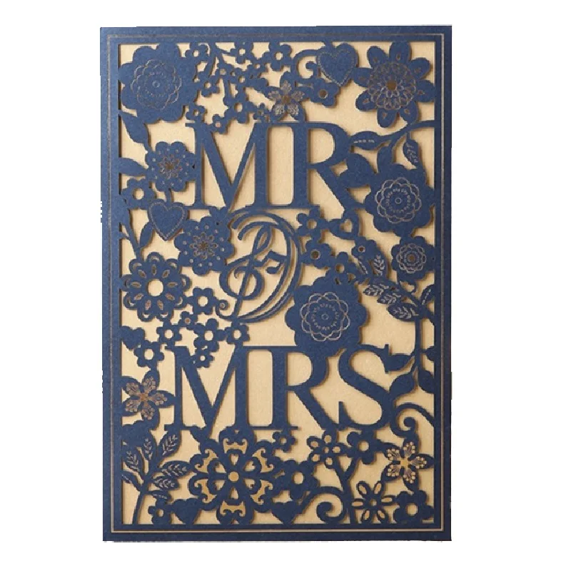 

50pcs MR & MRS Right Blue Wedding Invitation cards Laser Cut Hollow Lace Invites Wedding & Engagement Card invitations
