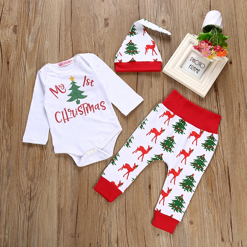 2019 Christmas Newborn Baby Boys Girls Clothes Sets My 1st Christmas Romper+Deer Pants +Hat Set 3 Pcs sets Baby girls clothing
