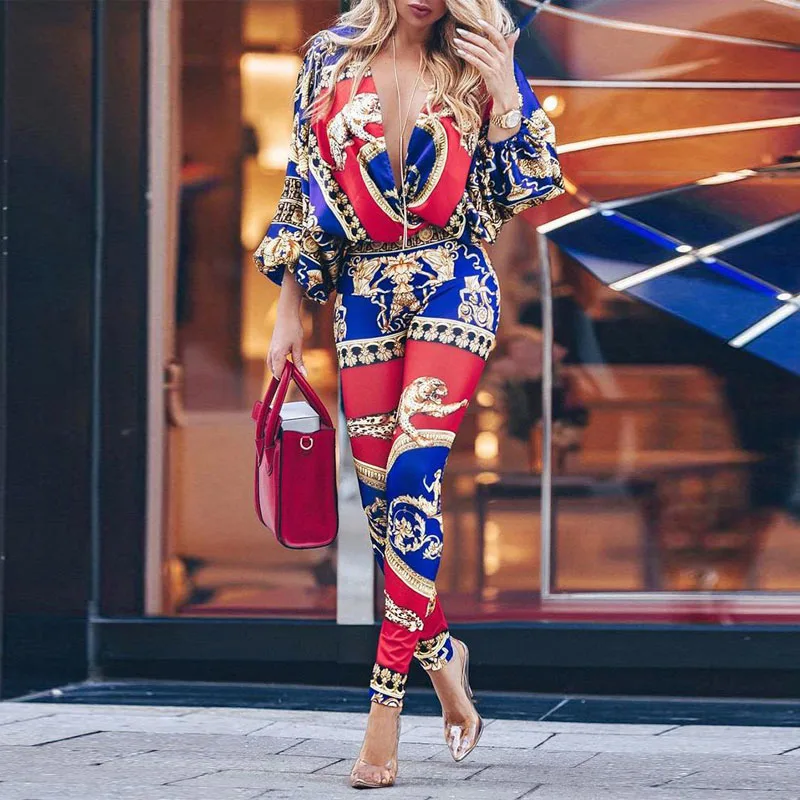 

Colorblock Exotic Print Lantern Sleeve Jumpsuit Women Sexy V-neck Long Sleeve Jumpsuit Streetwear Casual One Piece Overalls