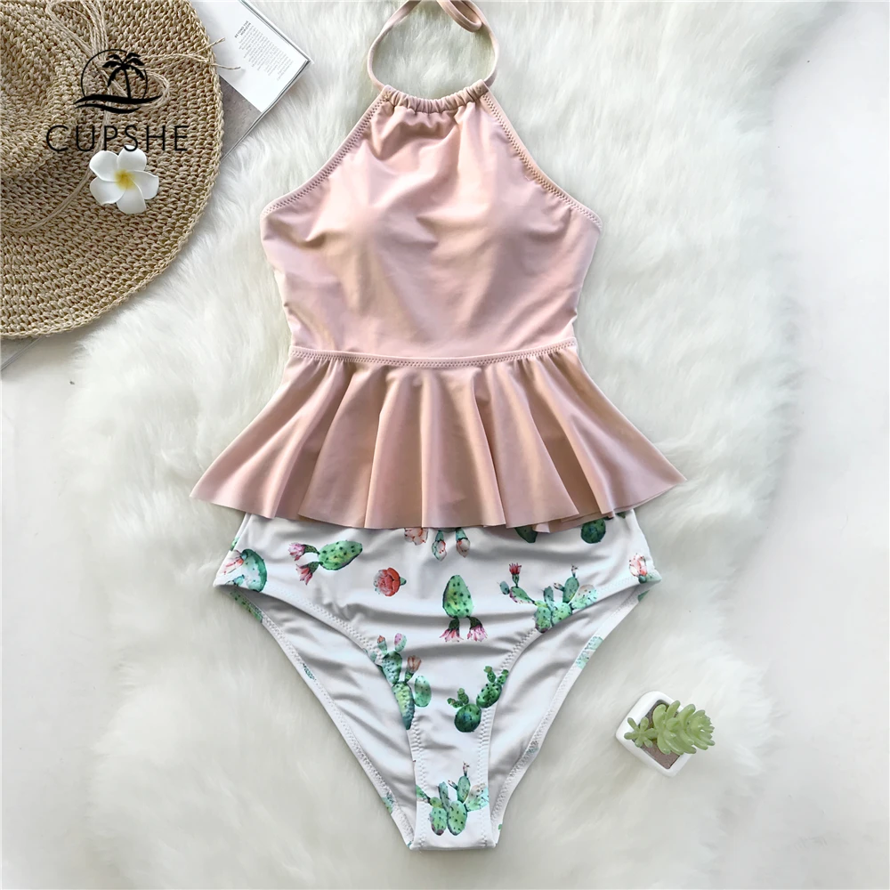 

CUPSHE Pink And Green Cactus Print Lace Up Bikini Set Women Peplum Backless High Waist Swimwear 2018 Beach Bathing Swimsuits