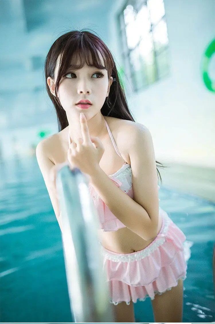 

Girls Cute Flat Breast Falbala Layers Sukumizu Swimsuit Cosplay Lolita Padded Hot Spring Set Bra Tops Skirt Pants PINK & Black