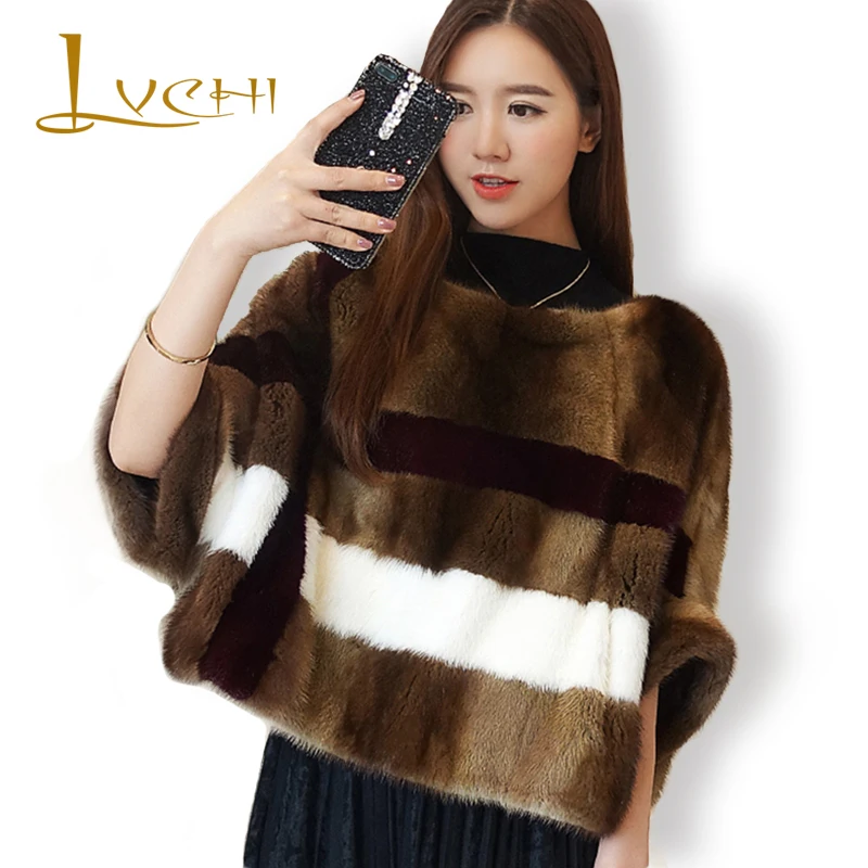 LVCHI Double faced Fur Mink Fur Short Coat Three Quarter Striped Real Fur Autumn Winter Fashion