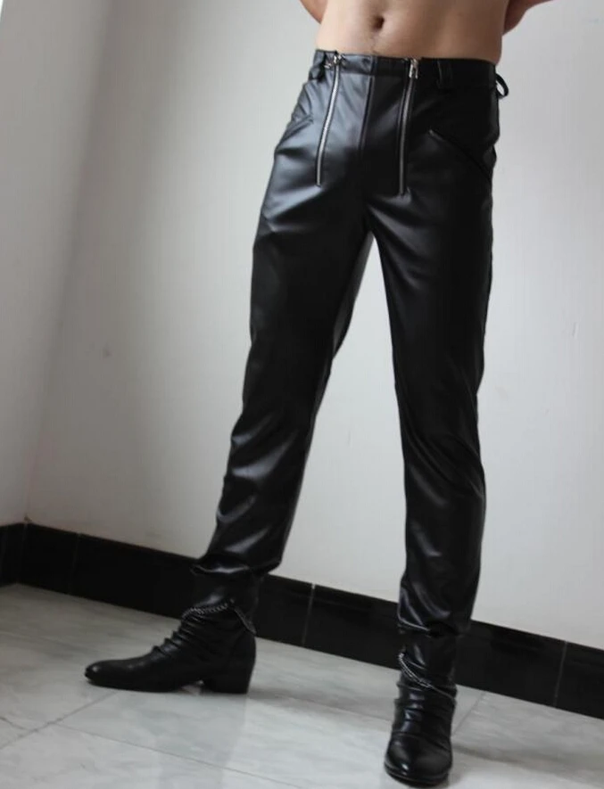 28 37! Мужская одежда брюки из натуральной кожи с двойной молнией|genuine leather pants|double