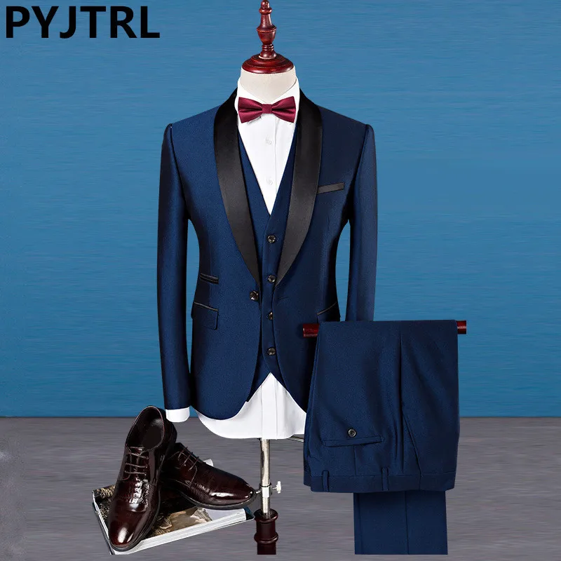 PYJTRL Классическая шаль воротник мужской костюм из трех предметов винно-красный королевский синий плюс размер 4XL деловые Повседневные Вечерние свадебные костюмы для мужчин - Цвет: Jacket pants vest