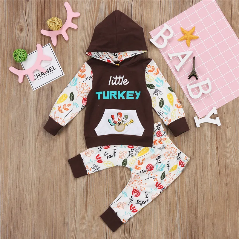 Thanksgiving Infant Kids Baby Girls Clothes Set Cartoon Turkey Cute Hooded Long Sleeve Tops & Long Pants Outfits 0-24M