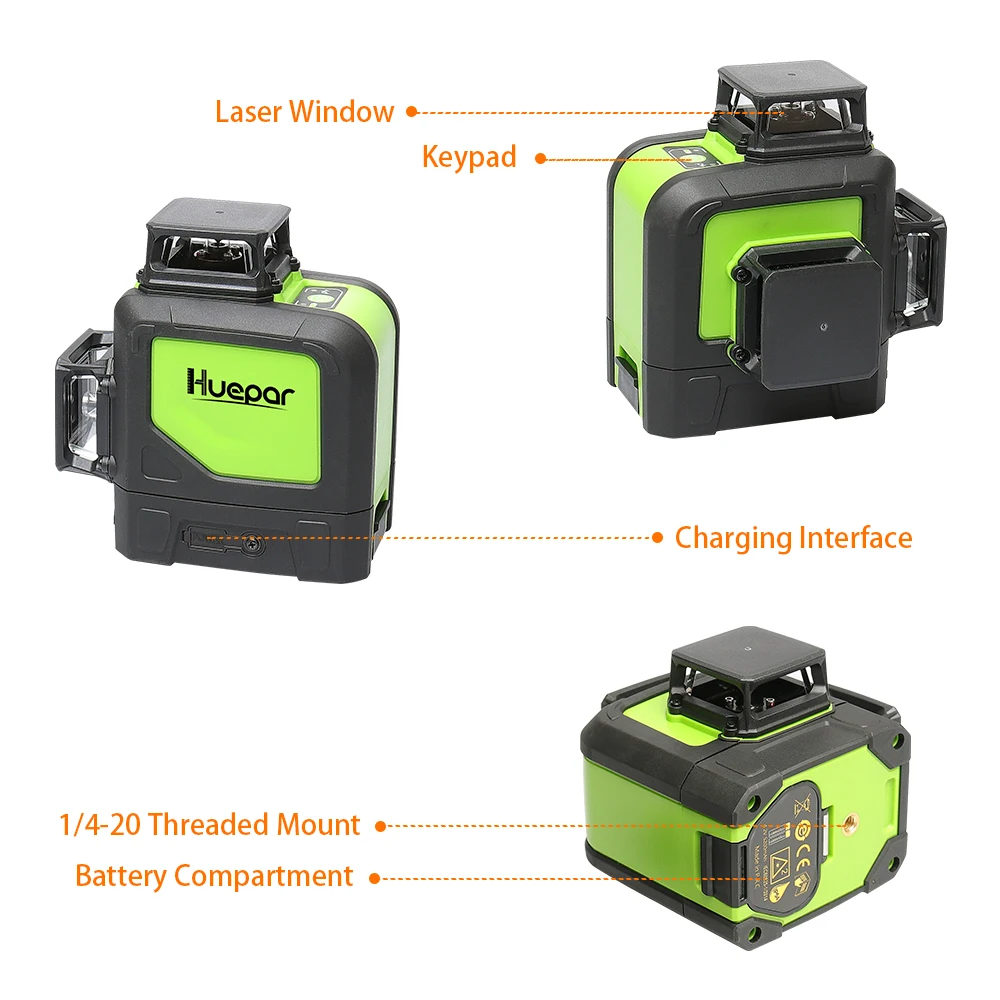 Günstige Huepar 12 Linien 3D Cross Line Laser Level Grün Laser Strahl Selbst Nivellierung 360 Vertikale und Horizontale mit Brille   Laser Empfänger