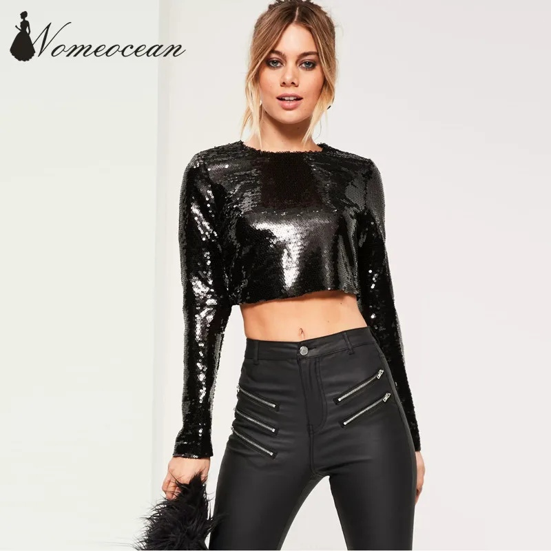 Petite Exclusive Black Sequin Crop Top Shining Bling Bling