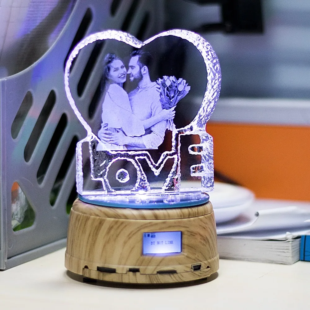  Personalized Photo LED Night Light Wood Base Crystal Photo MP3 Music Swivel Display Bluetooth Lamp  - 32983778729