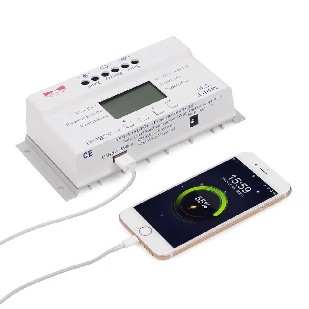 Регулятор солнечной панели LCD 30A 12 V/24 V MPPT Контроллер заряда и USB Три таймера A391 |