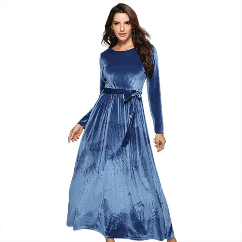

2018 Winter Party Office Dress for Women Solid Long Sleeve Blue Vintage Vestidos Velvet Sashes Dresses Long Dress 2XL