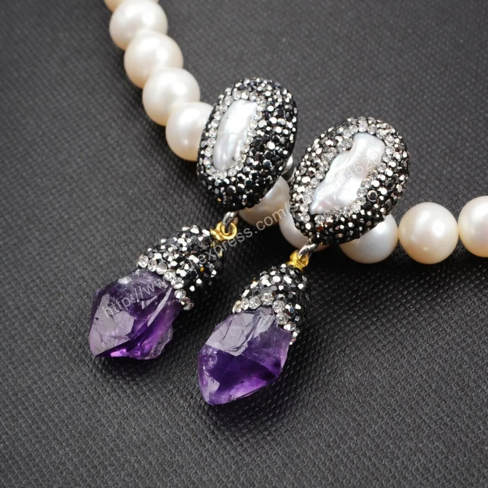 Vintage Stylish Pearl Drop Earrings Handcraft &amp Natural Amethyst Quartz With Black Gun ZC Stone Dangle Druzy J02 | Украшения и