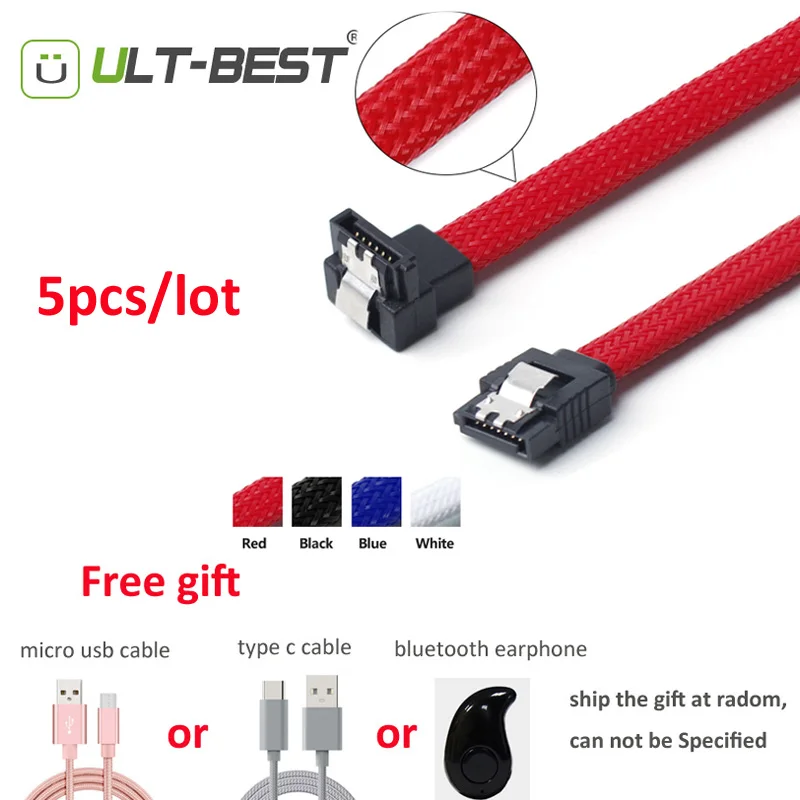 

5 PCS SATA 3.0 III SATA3 7pin Data Cable 6Gb/s Right Angle Cables HDD Hard Disk Drive Cord line Green Red Nylon Sleeved 50CM