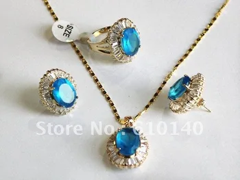 

2PCS blue zircon earring ring8 pendant set Ad220jj