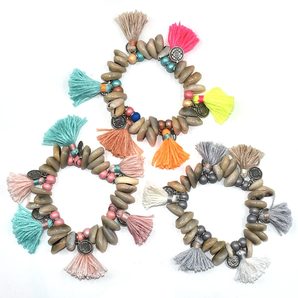New Bohemia Boho summer sea beach shells bracelets colorful cotton tassels charm bracelet stone beads bangle Bracelets