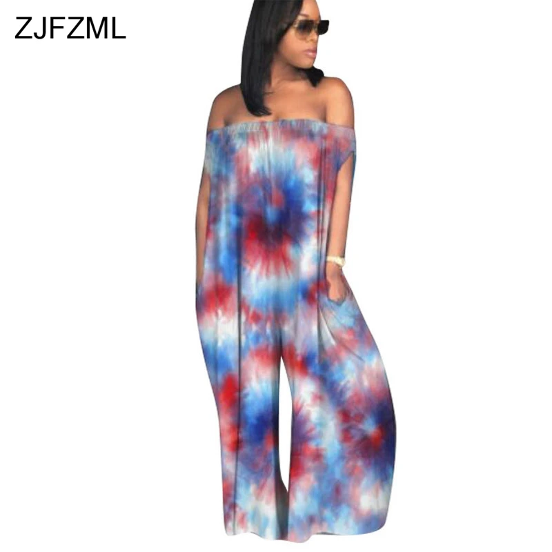 ZJFZML Womens Plus Size Rompers Summer Tie Dye Print Casual Loose Overalls Ladies Backless Off Shoulder Sexy Club Jumpsuits