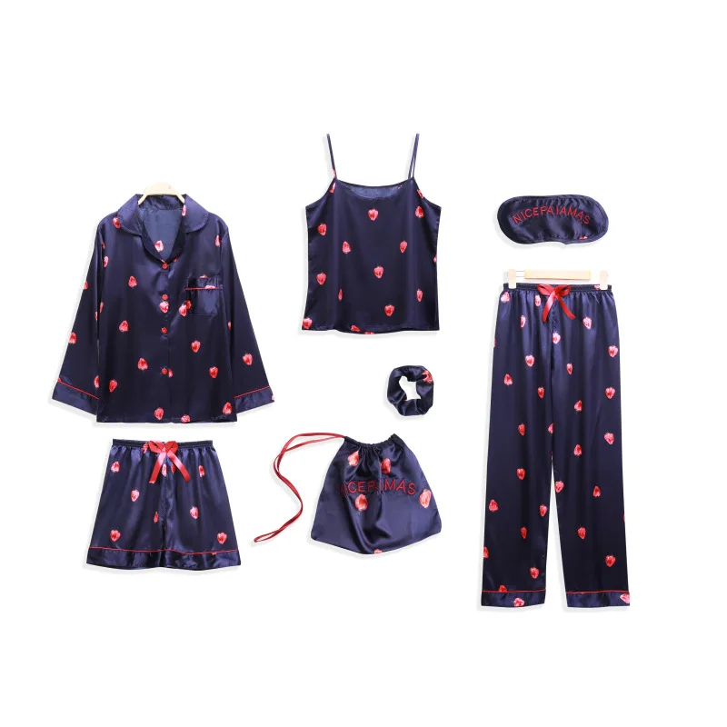 

Women Pajamas 7 Pieces Satin Sleepwear Pijama Silk long-sleeved spring and autumn sweet home service suit