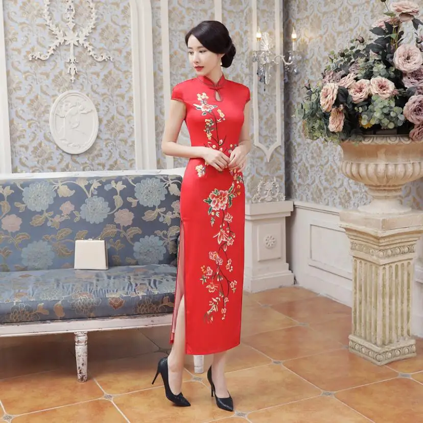 Китайское свадебное платье женское атласное Cheongsam тонкое облегающее длинное Qipao |