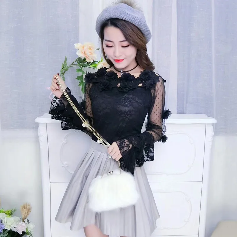 2018 Spring Summer Women Blouse Sweet Hollow Out Floral Lace Shirt Female Flare Sleeve Slash Neck Mesh Blouses Short Tops AB815