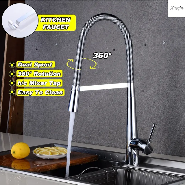 Cheap Modern Solid Brass Chrome Polish Spring Pull Down Kitchen Faucet 360Degree Rotate Hot and Cold Water Taps Deck Mounted Torneira