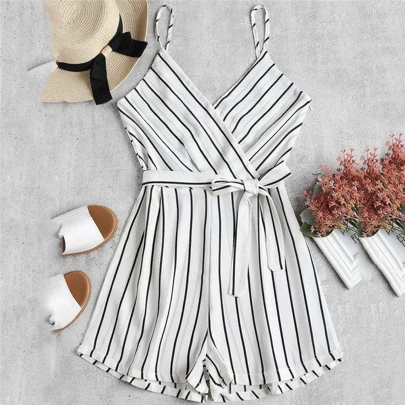 

Womens V-Neck Sleeveless Strappy Holiday Short Playsuits Striped Cami Belt Romper Jumpsuit Girls Jumpsuits Rompers 40AG27