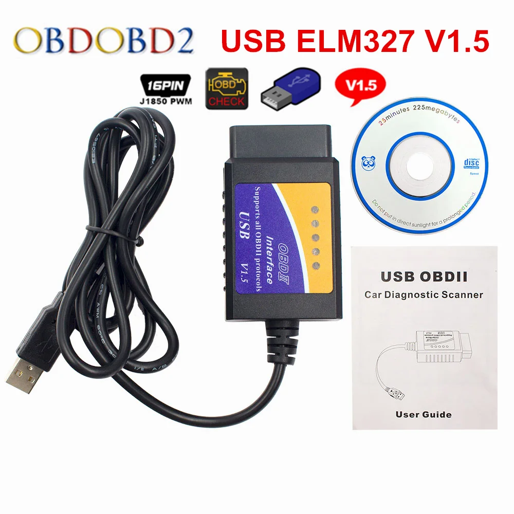 ELM327 1,5 диагностический кабель USB ELM 327 V1.5 USB Автоматический сканер считыватель кодов поддержка OBD2 протоколов для Windows 7 8 XP