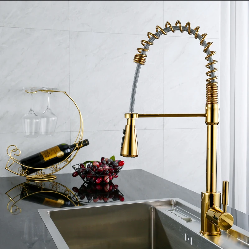 

OLMEY Luxury Golden Spring Kitchen Faucets with Dual Functions Pull Down Spray Head, Single Lever Sink Taps Mixer 11010-C1