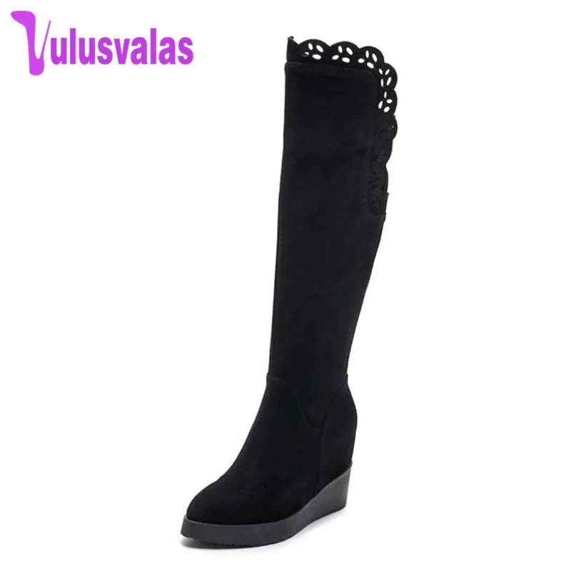 

VulusValas Winter Real Leather Shoes Women Height Increasing Wedges Winter Boots For Women Knee High Warm Fur Botas Size 34-39