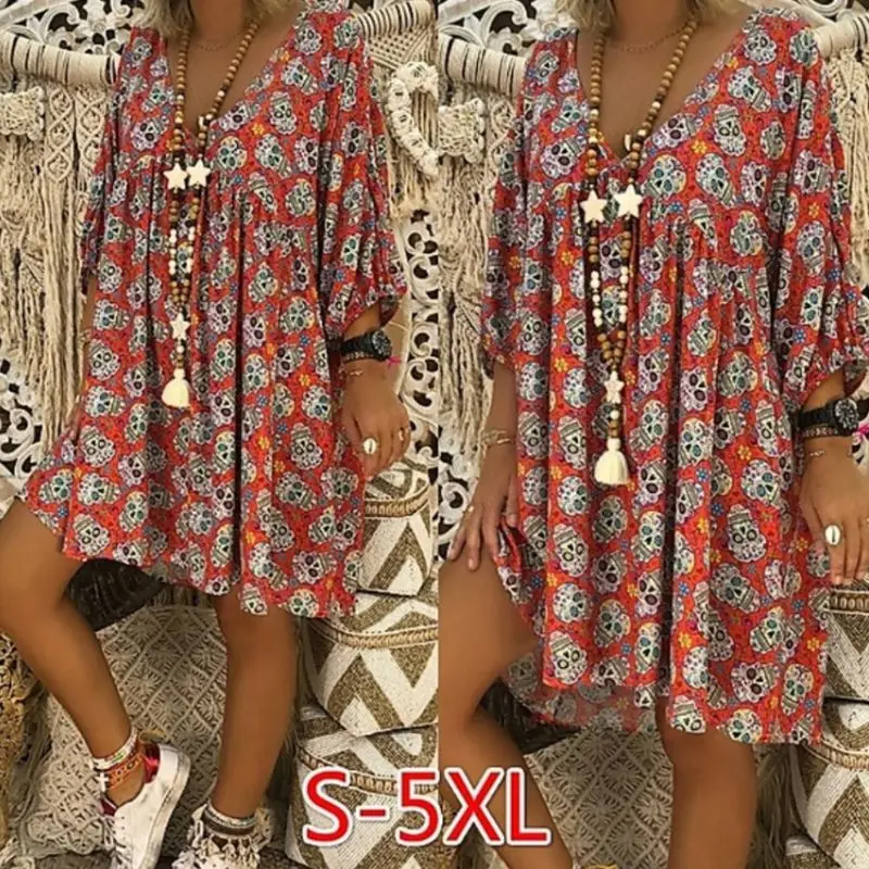 

Women V-Neck 3/4 Sleeves Loose Flowy T-Shirt Dress Halloween Skull Floral Casual Flared Party Tunic Sundress Plus Size S-5XL