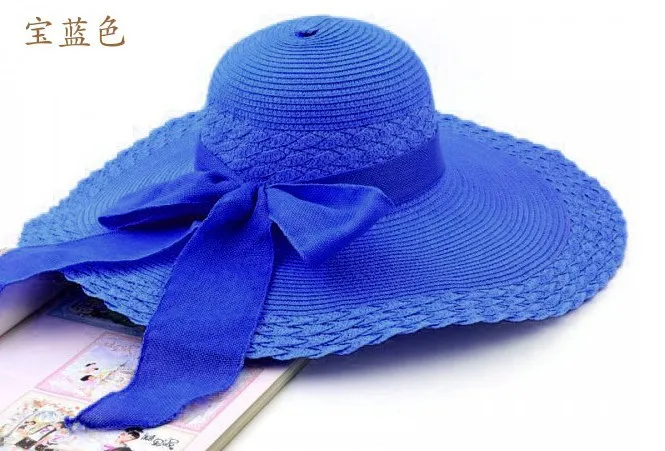 Новинка оптом и в розницу Модные женские широкие с мягкими Полями Летняя Пляжная шляпа соломенная шляпа Кепка с большим бантом - Цвет: dark blue